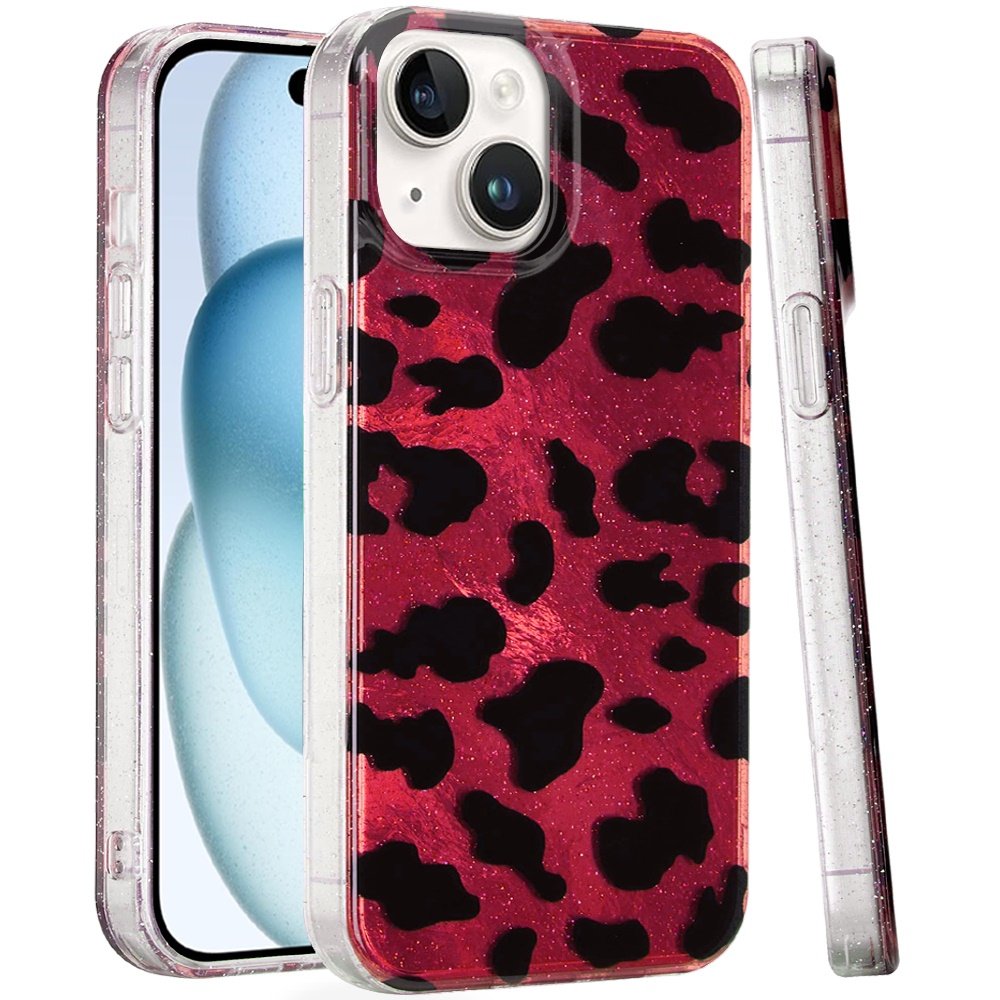 for iphone 15 glitter double layer design imd tpu case red leopard