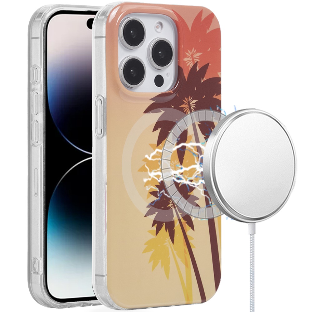 for iphone 14 pro max [magnetic circle] double layer design imd tpu case coconut palm