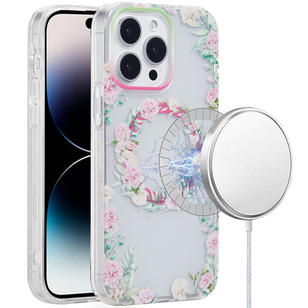 for iphone 14 pro max [magnetic circle] double layer design imd tpu case green/pink floral