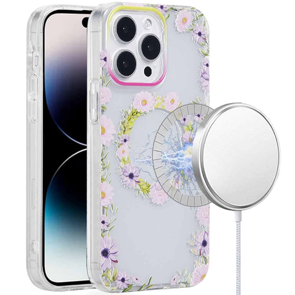 for iphone 14 pro max [magnetic circle] double layer design imd tpu case yellow/purple floral