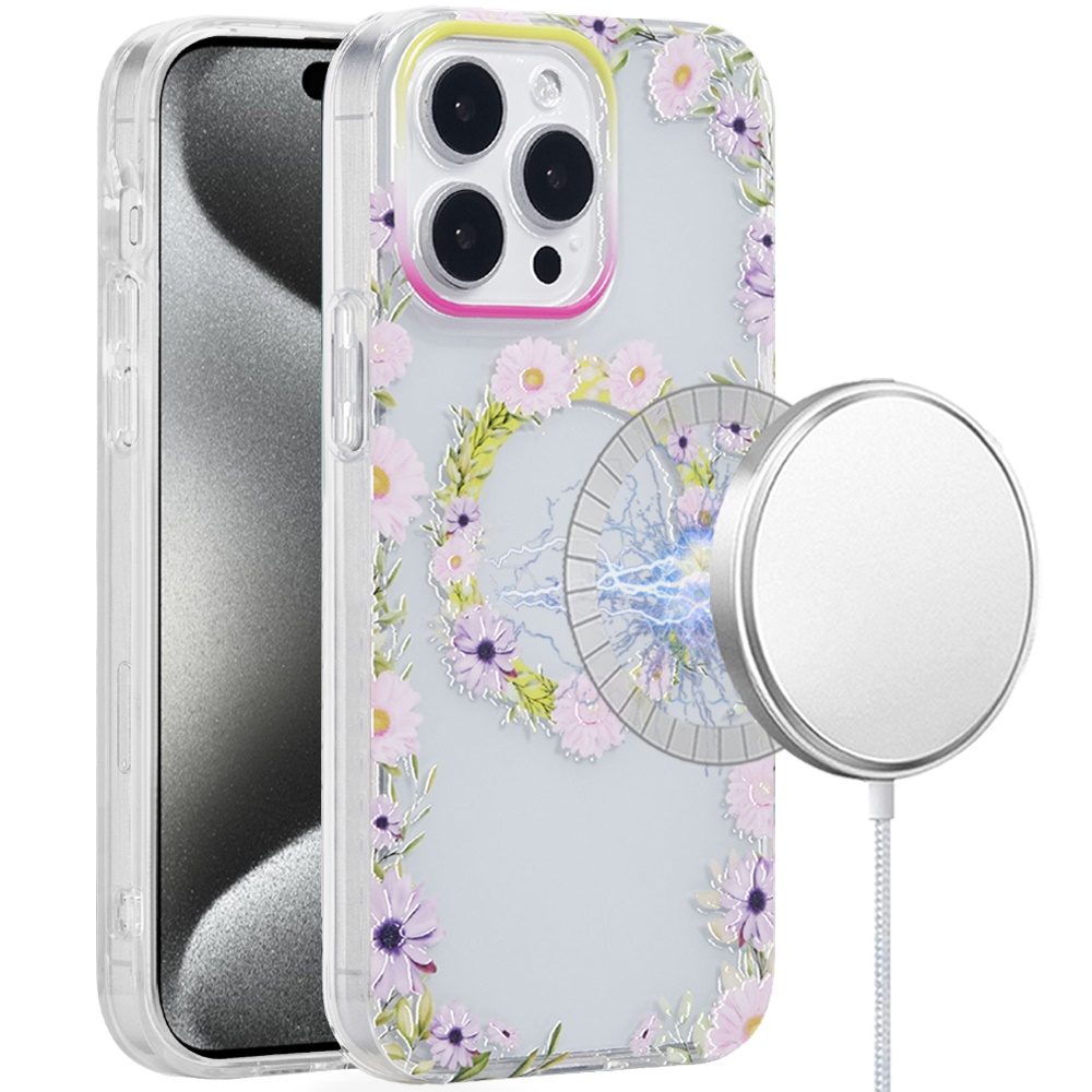 for ip15 pro max [magnetic circle] double layer design imd tpu case yellow/purple floral