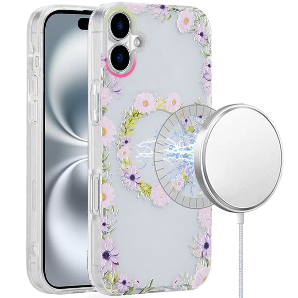 for iphone 16 plus 6.7 inch [magnetic circle] double layer design imd tpu case yellow/purple floral