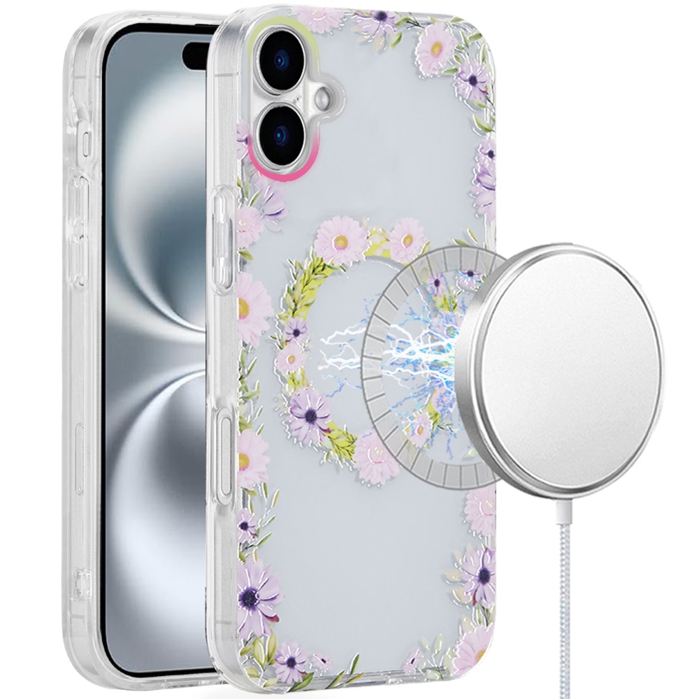 for iphone 16 6.1 inch [magnetic circle] double layer design imd tpu case yellow/purple floral