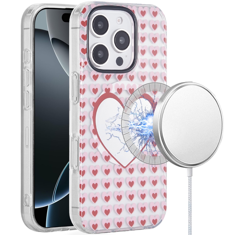 for iphone 16 6.1 inch [magnetic circle] double layer design imd tpu case mirror with hearts
