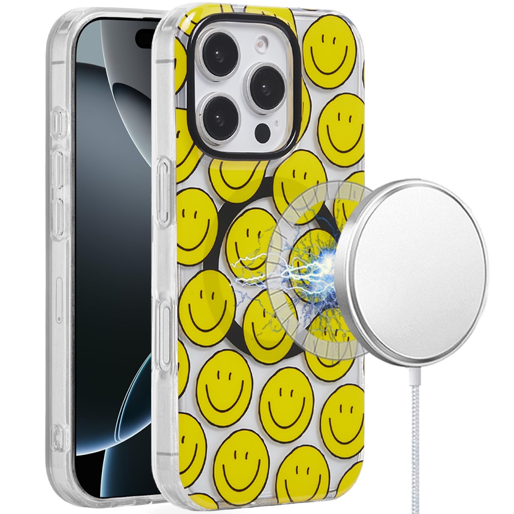 for iphone 16 6.1 inch [magnetic circle] double layer design imd tpu case smiley faces