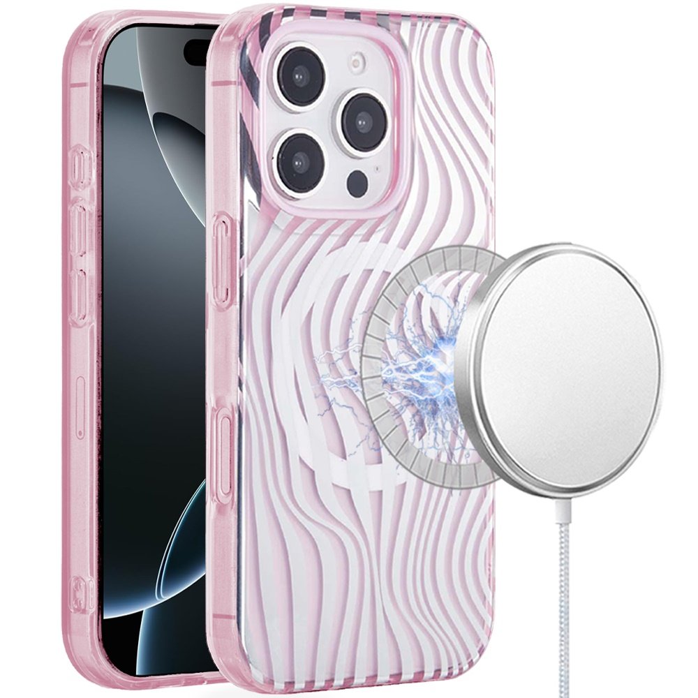 for iphone 16 pro 6.3 inch [magnetic circle] double layer design imd tpu case wave pink zebra stripes