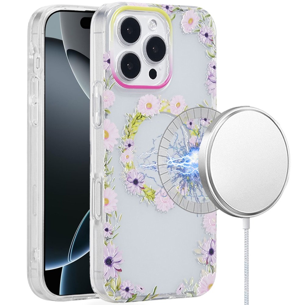for iphone 16 pro 6.3 inch [magnetic circle] double layer design imd tpu case yellow/purple floral