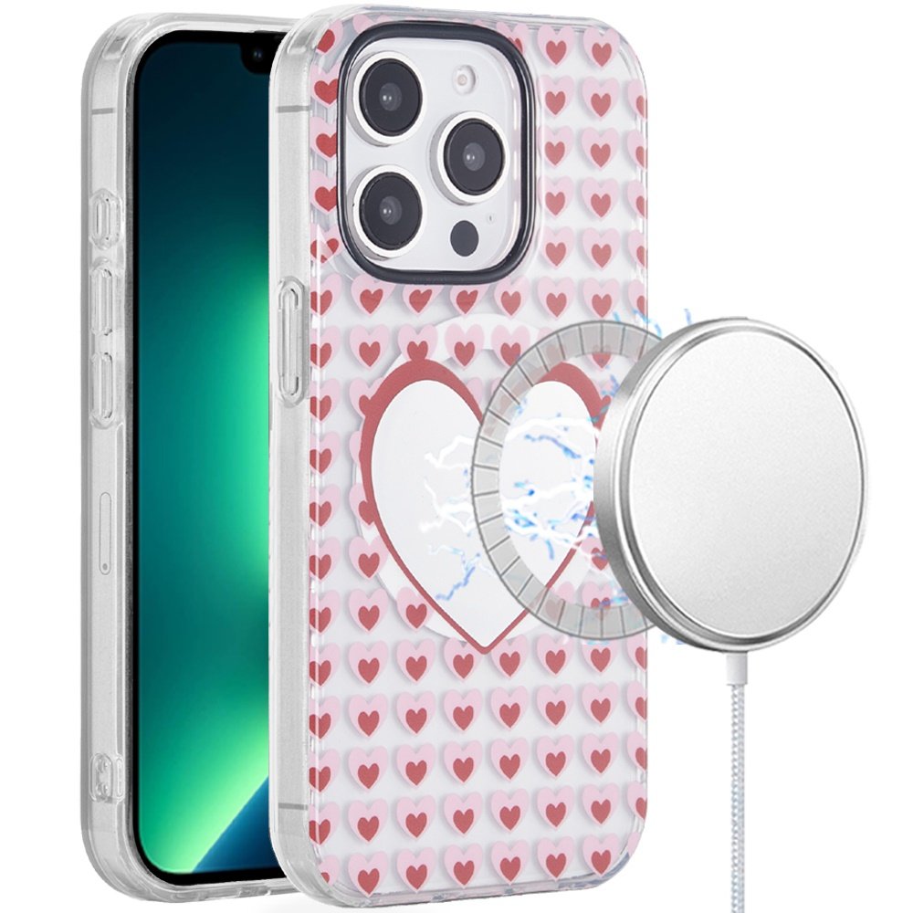for iphone 13 pro max [magnetic circle] double layer design imd tpu case mirror with hearts