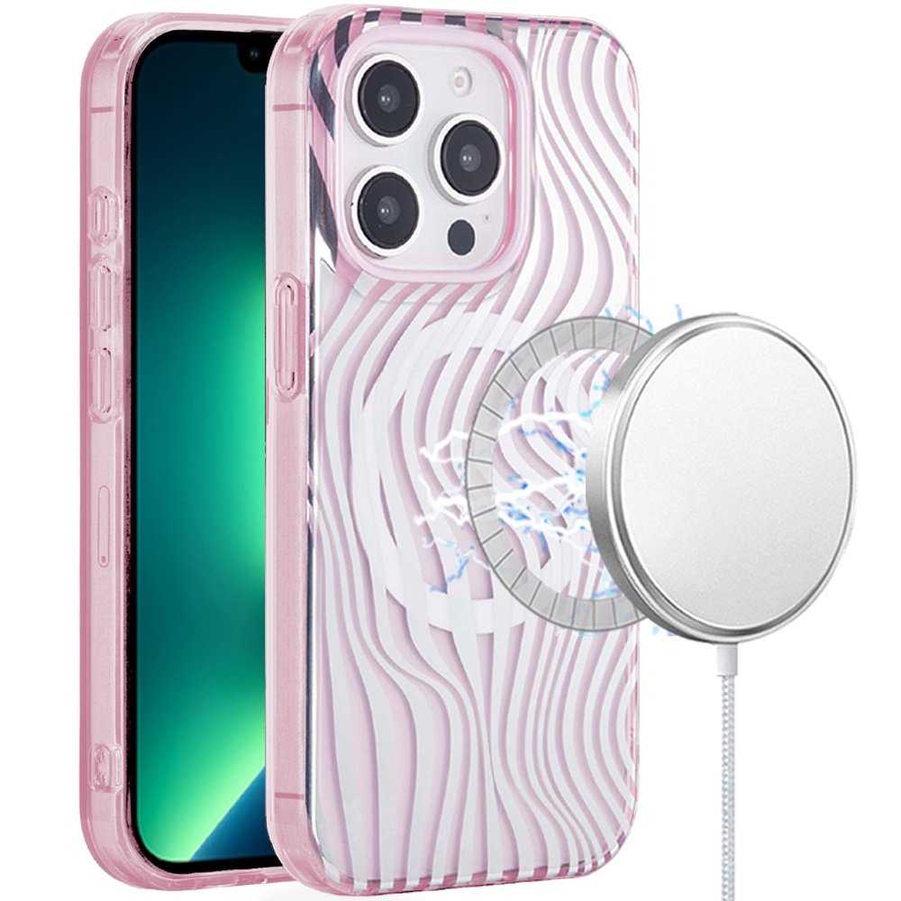 for iphone 13 pro max [magnetic circle] double layer design imd tpu case wave pink zebra stripes
