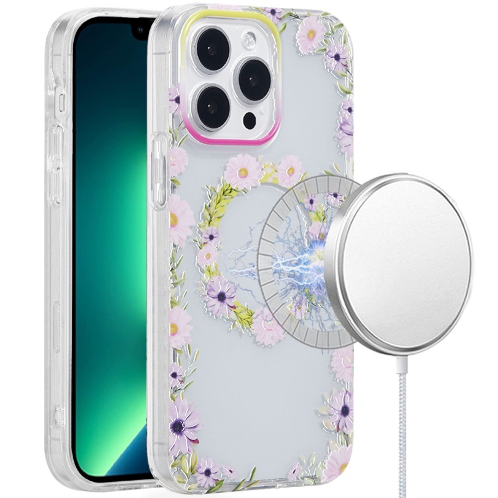 for iphone 13 pro max [magnetic circle] double layer design imd tpu case yellow/purple floral