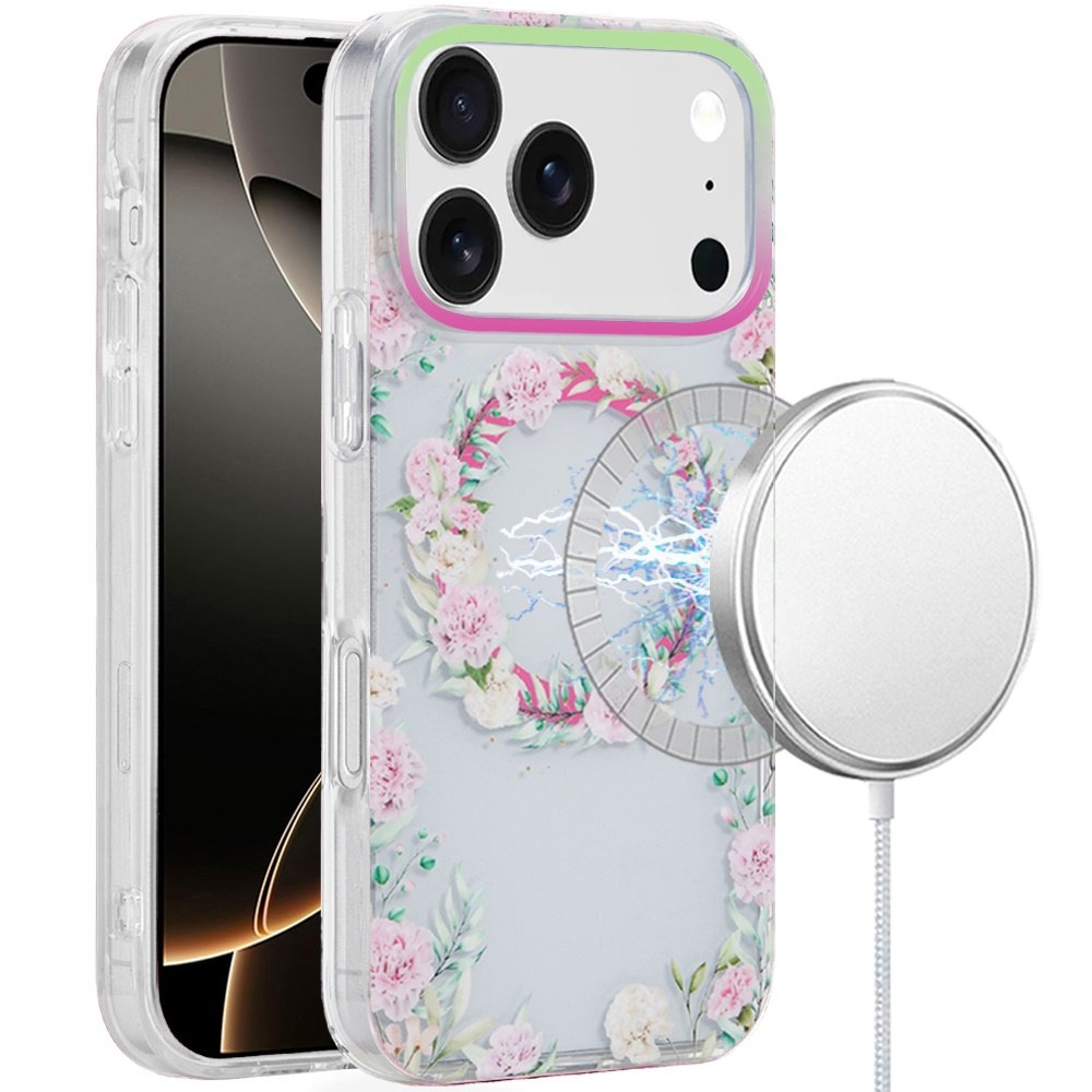 for iphone 17 pro max [magnetic] double layer design imd case green/pink floral