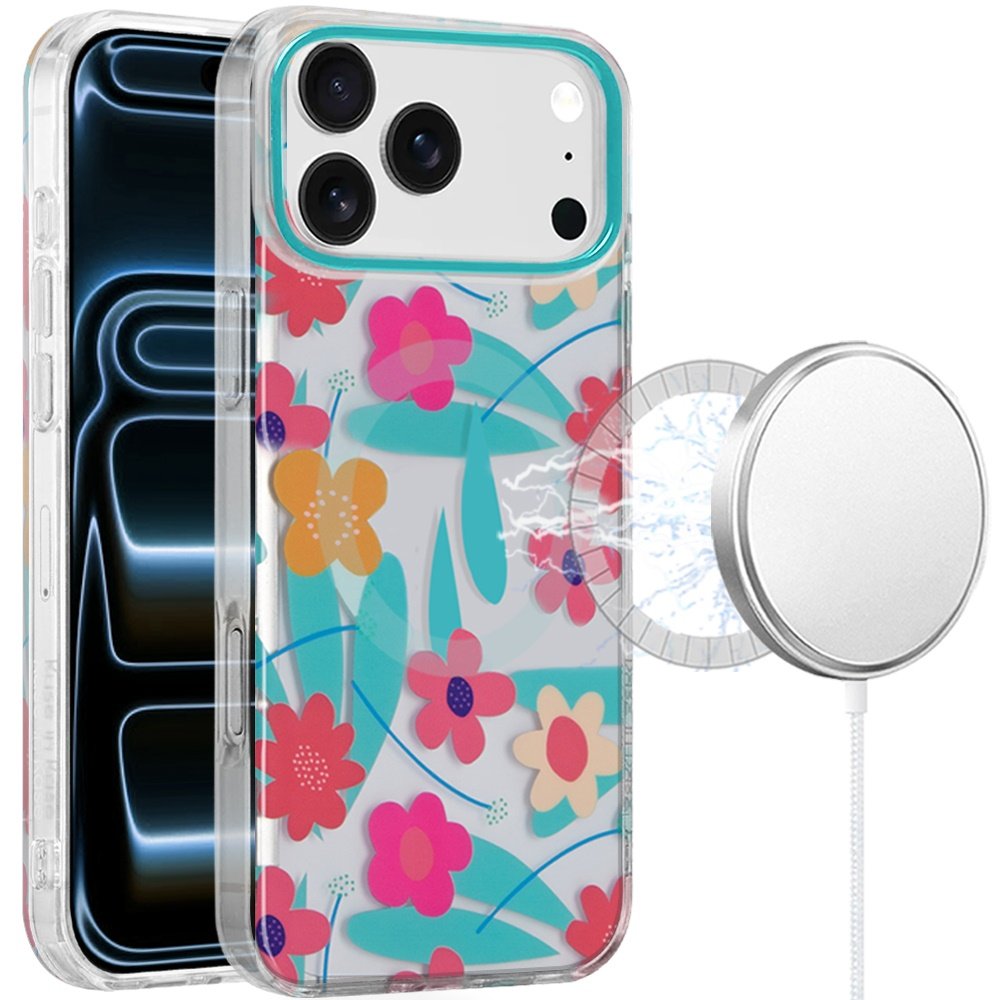 for iphone 17 pro max double layers imd case with magsafe pastel floral blue