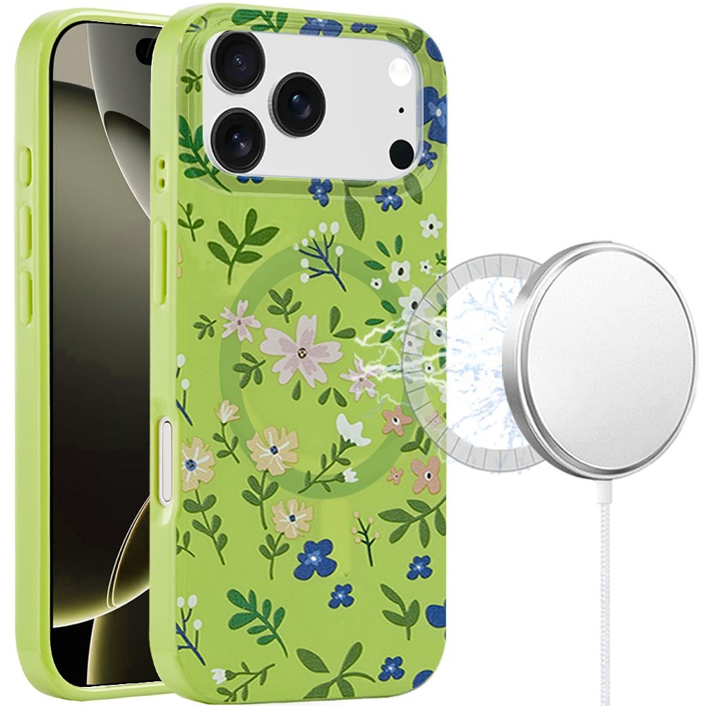 for iphone 17 pro [magnetic] double layer design imd case green floral