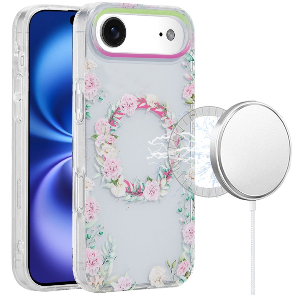 for iphone 17 air [magnetic] double layer design imd case green/pink floral