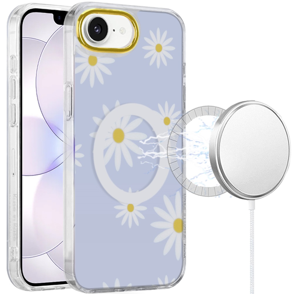 for iphone 16e (e edition) / se4 (2025) double layer design imd tpu case sky blue daisy