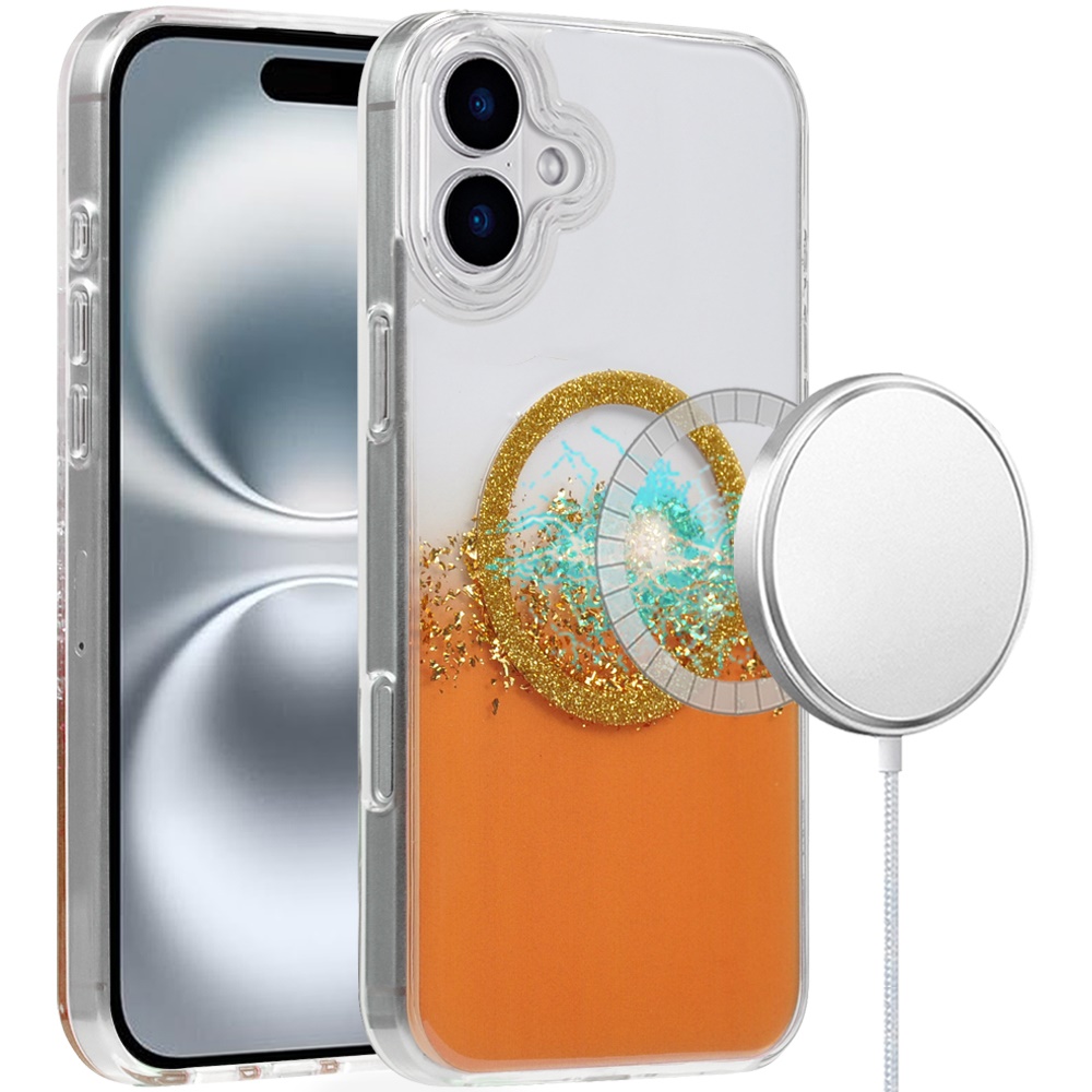 for iphone 16 plus 6.7 inch magnetic glitter epoxy transparent hybrid orange