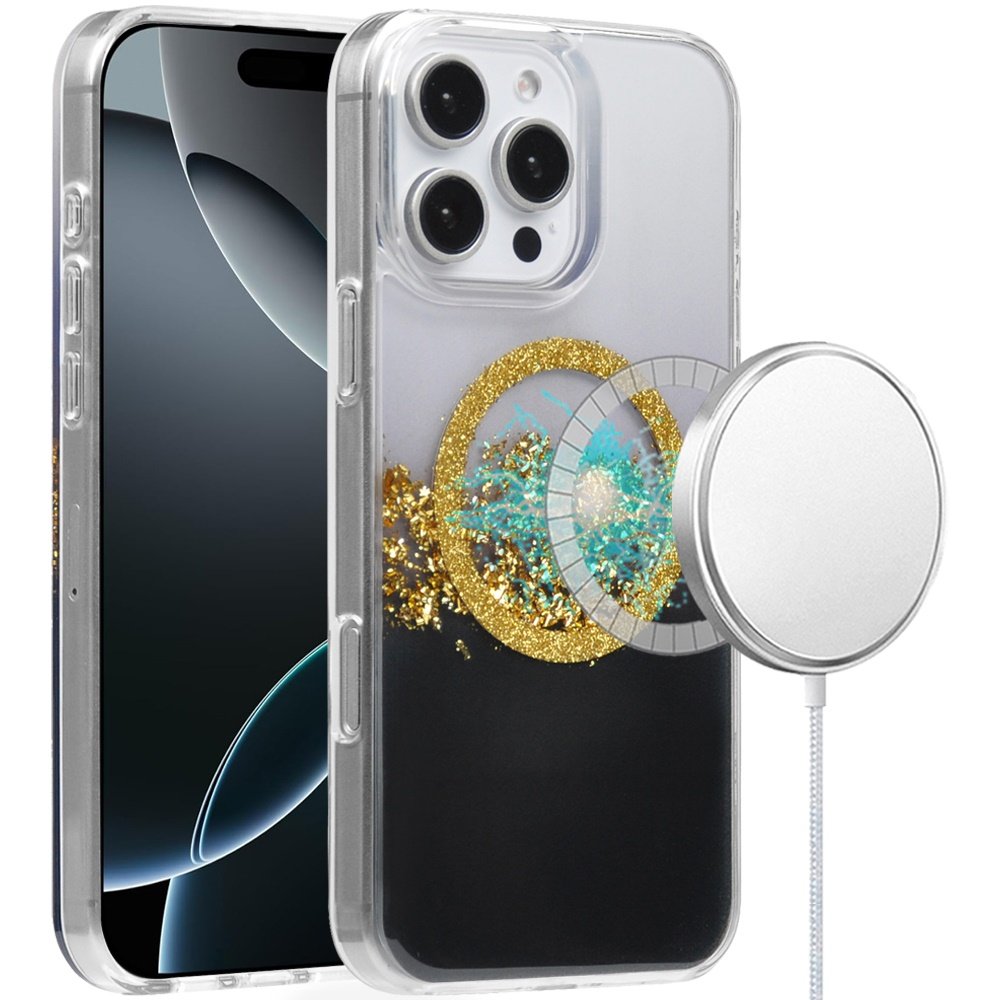 for iphone 16 pro 6.3 inch magnetic glitter epoxy transparent hybrid gold black