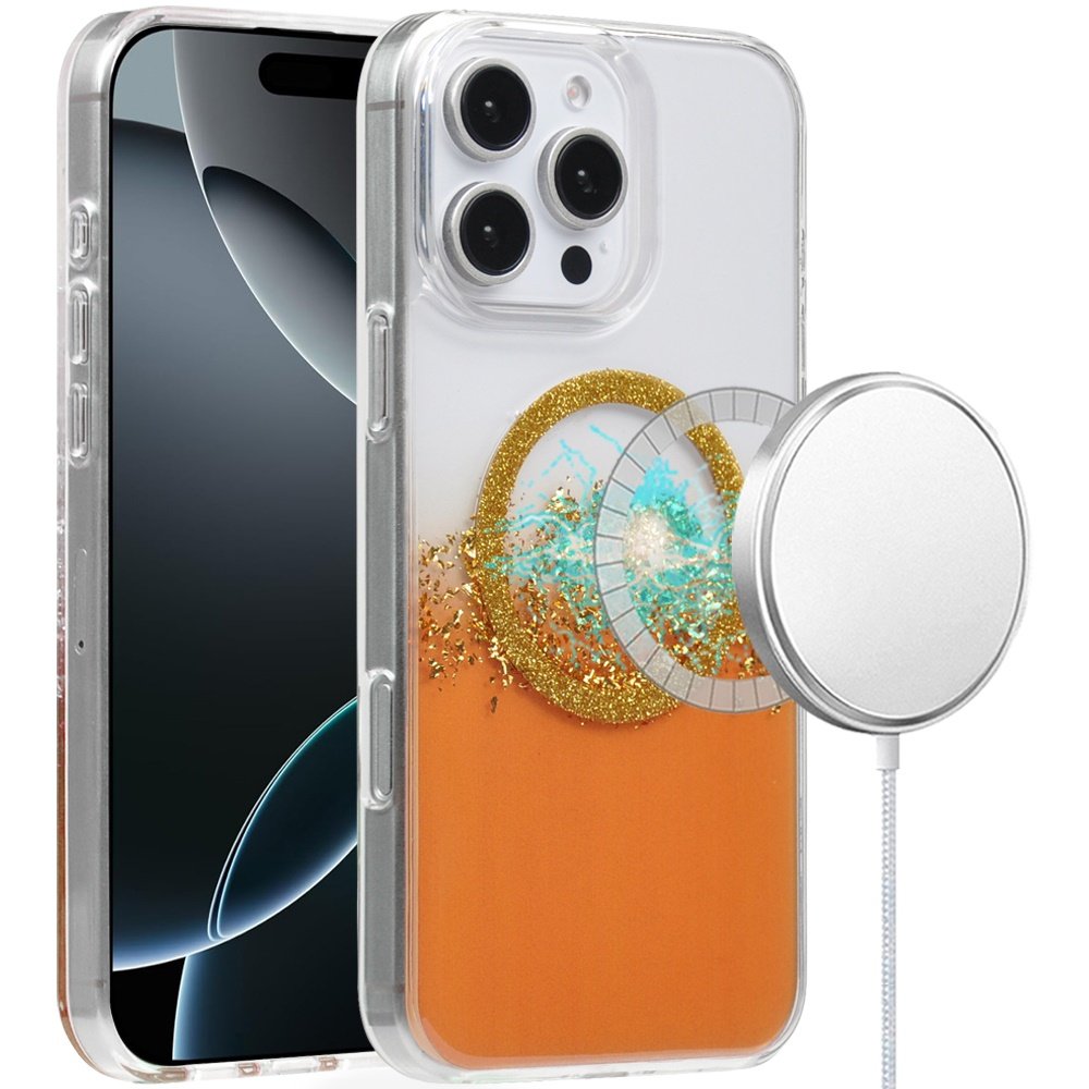 for iphone 16 pro 6.3 inch magnetic glitter epoxy transparent hybrid orange