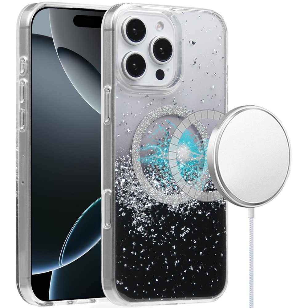 for iphone 16 pro 6.3 inch magnetic glitter epoxy transparent hybrid silver black