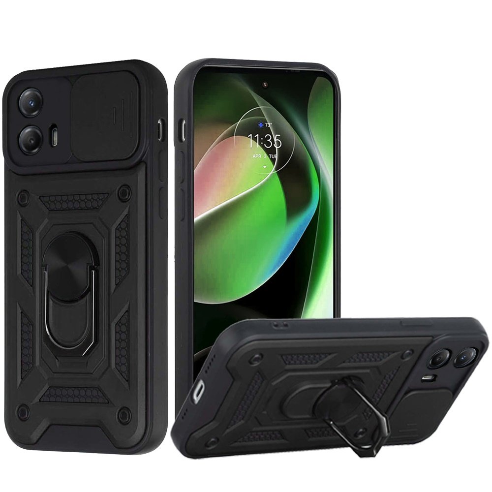 for motorola mot g 5g 2023 elite camera push magnetic ring stand hybrid case cover black