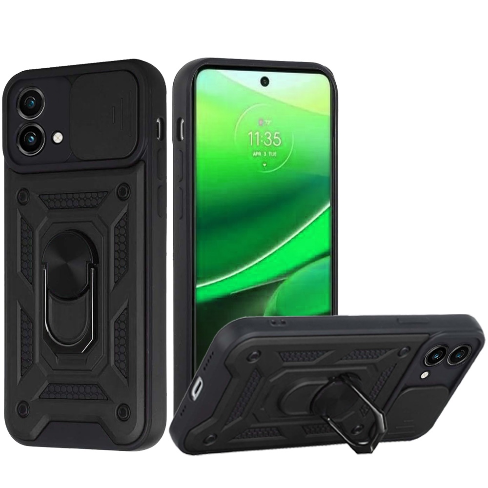 for motorola g stylus 5g (multicarrier 6.6" 16mp camera) 2023 elite camera push magnetic ring stand hybrid case cover black