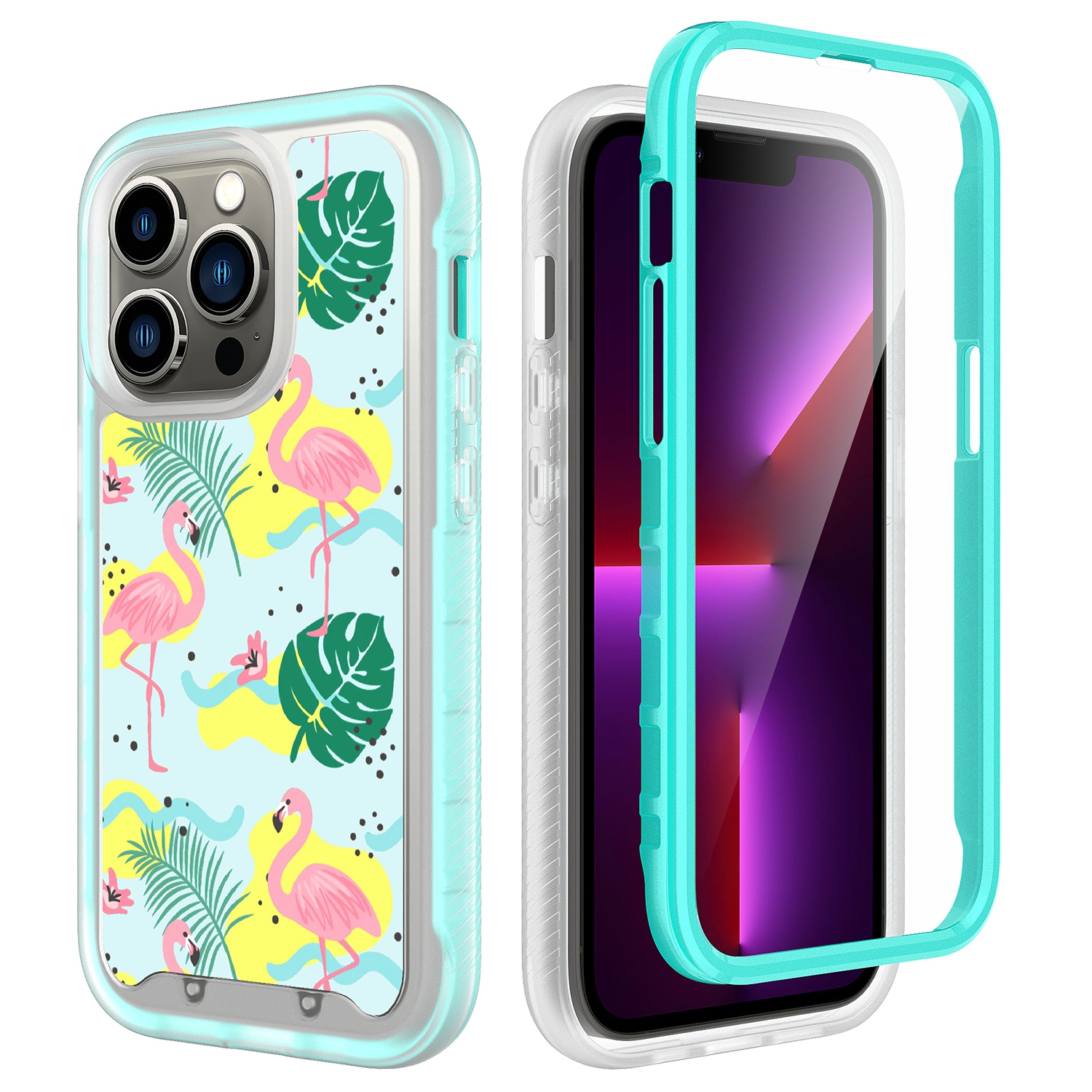 for apple iphone 14 pro 6.1" exotic shockproof design hybrid case cover floral flamingo