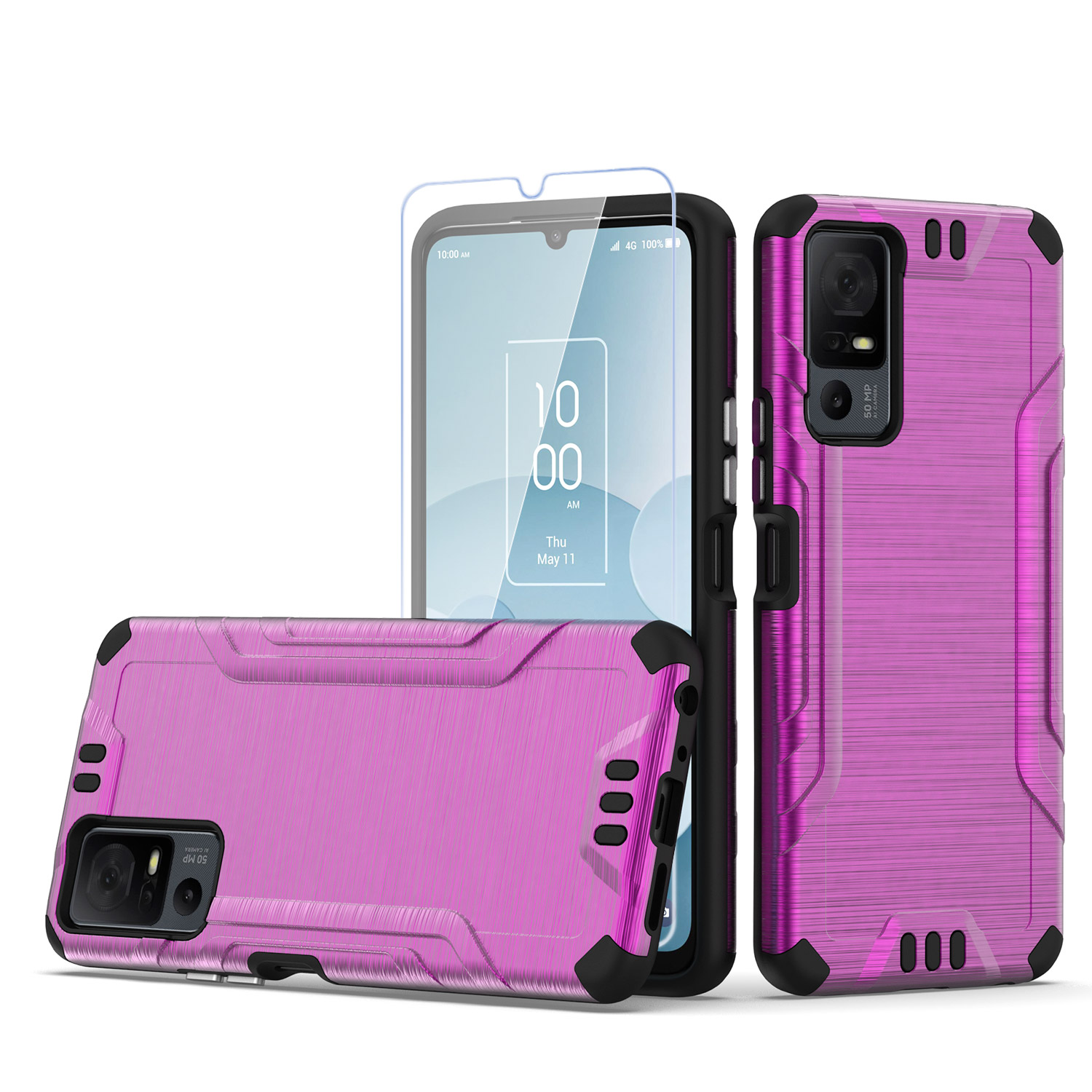 for tcl 40 xl strong tough metallic design hybrid + tempered glass hot pink