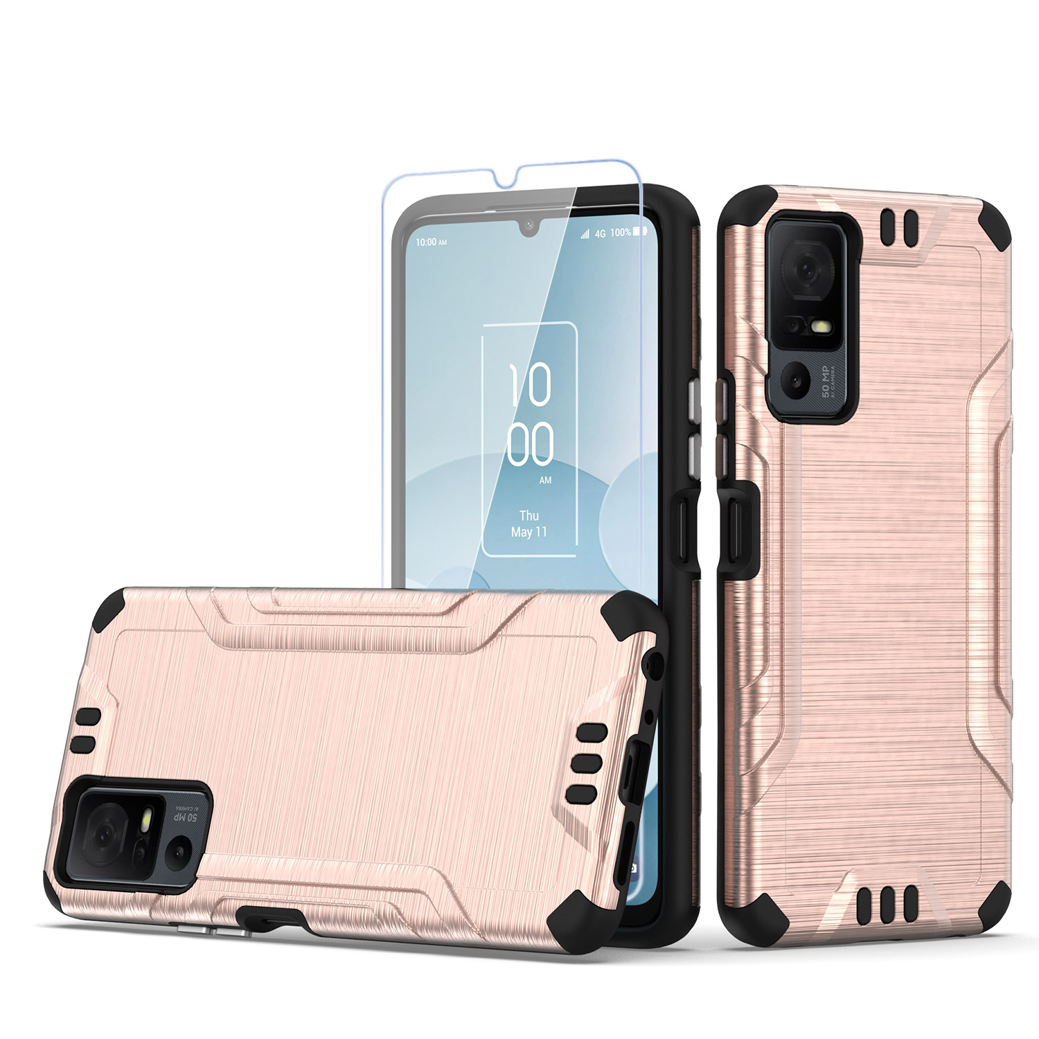 for tcl 40 xl strong tough metallic design hybrid + tempered glass rose gold