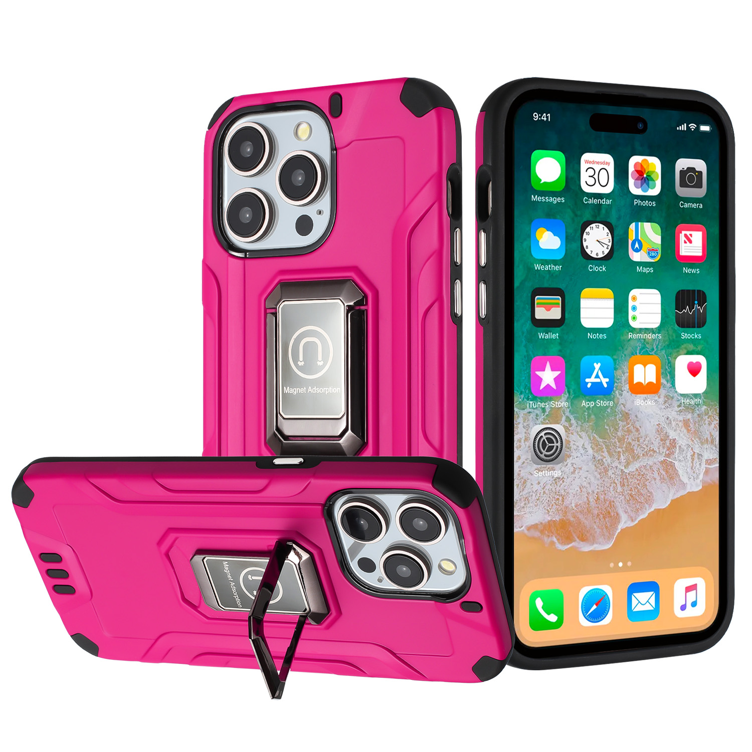 for iphone 15 pro strong tough metallic design hybrid premium kicstand hot pink