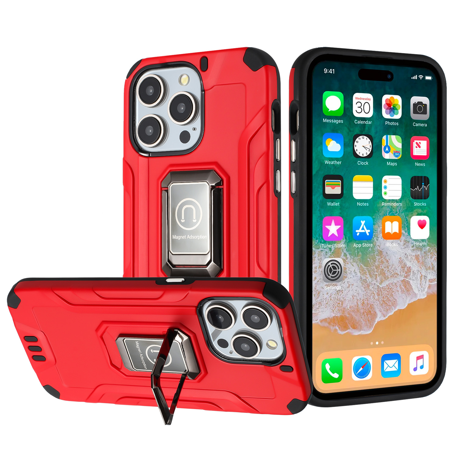 for iphone 15 pro strong tough metallic design hybrid premium kicstand red
