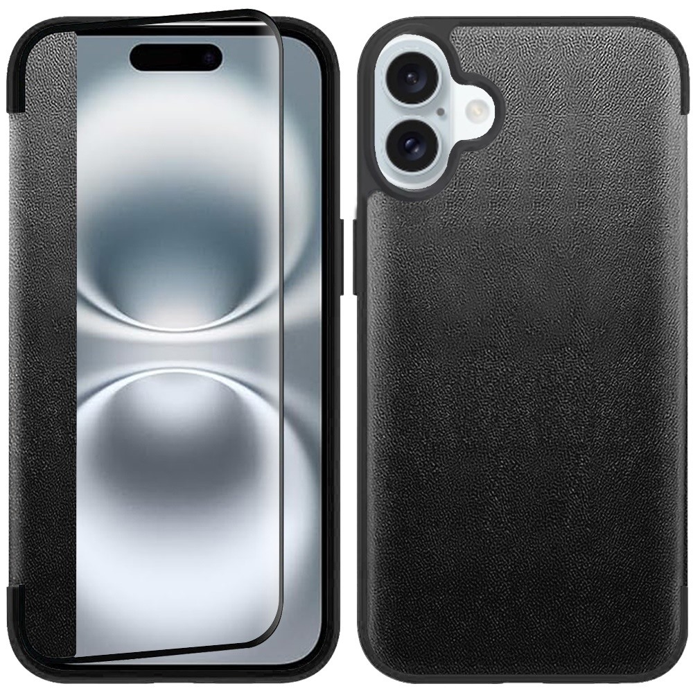 for iphone 16 6.1 inch pu leather window flap case with cover black