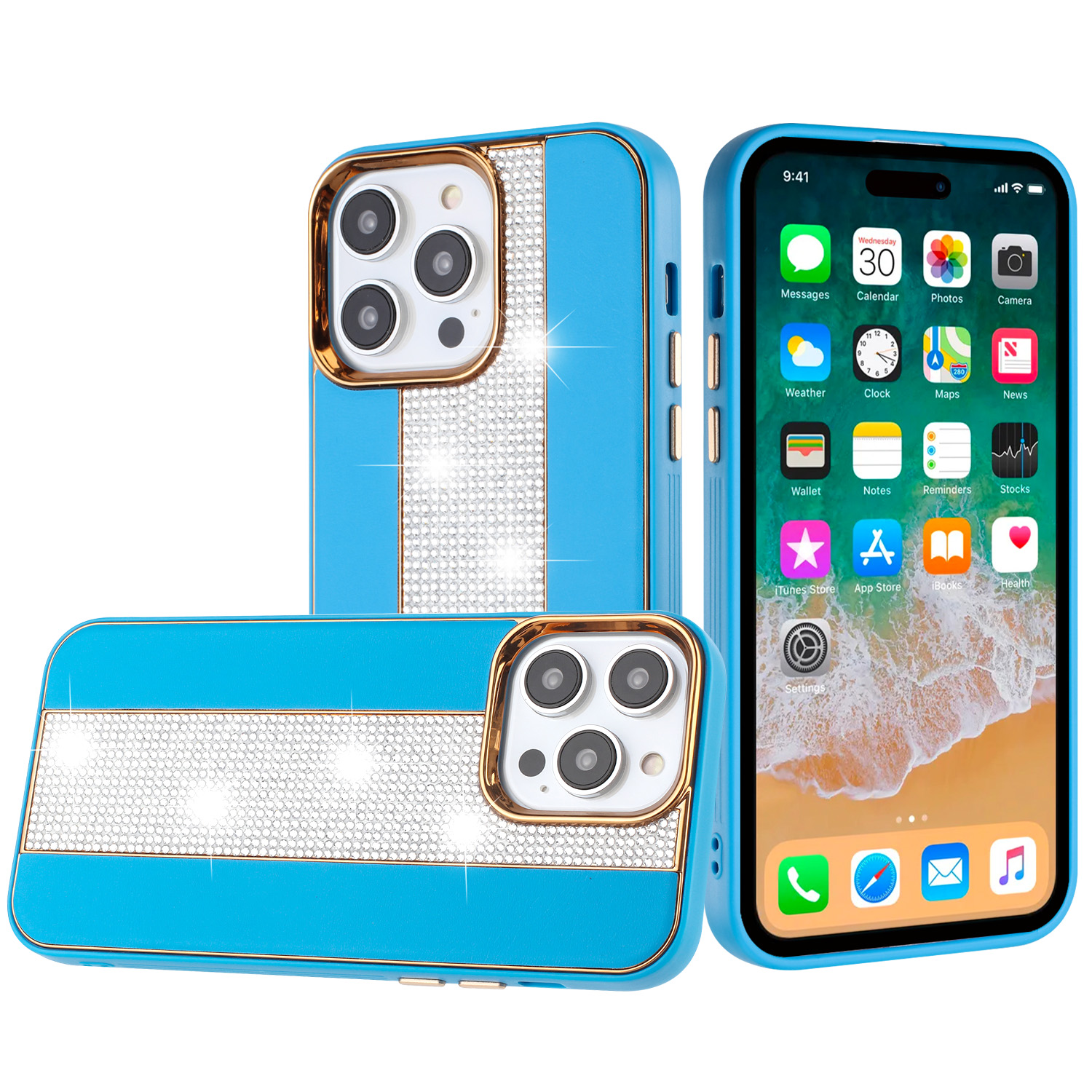 for iphone 15 pro flashy diamond leather sticked on hybrid with chrome camera edge blue