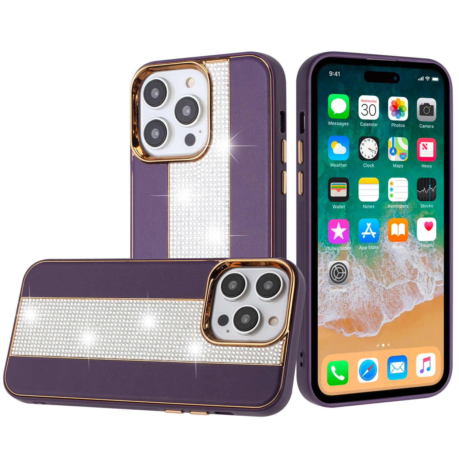 for iphone 15 pro flashy diamond leather sticked on hybrid with chrome camera edge dark purple