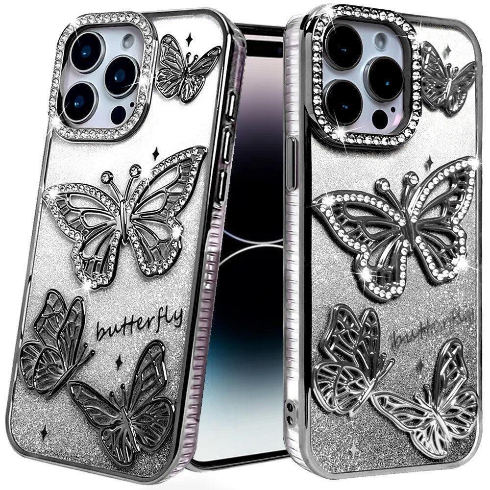 for iphone 14 pro max 6.7" butterfly freedom shimmer glitter thick tpu case cover black