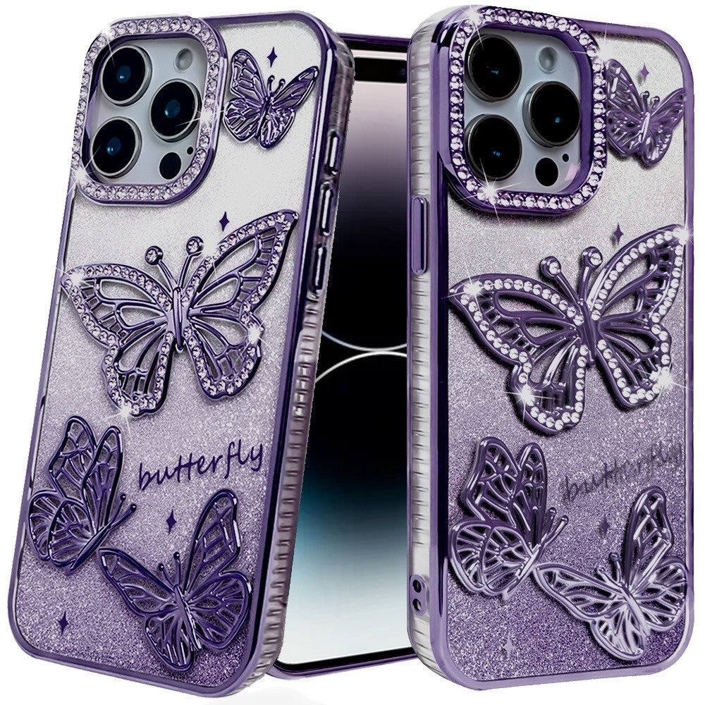 for iphone 14 pro max 6.7" butterfly freedom shimmer glitter thick tpu case cover purple