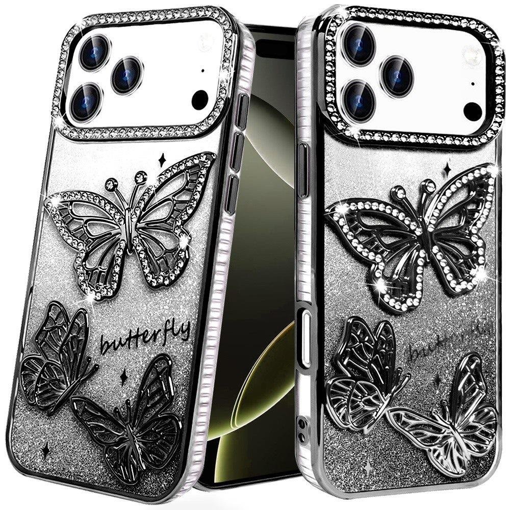 for iphone 17 pro butterfly freedom shimmer glitter thick tpu case cover black