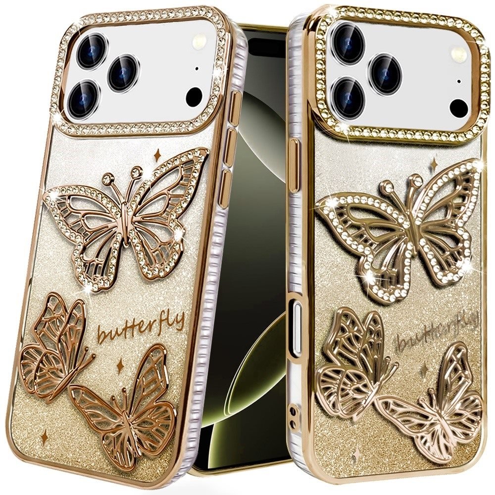 for iphone 17 pro butterfly freedom shimmer glitter thick tpu case cover gold