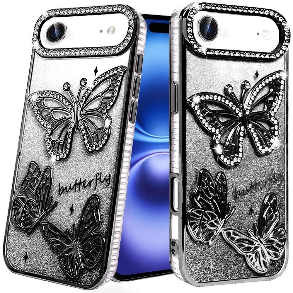 for iphone 17 air butterfly freedom shimmer glitter thick tpu case cover black