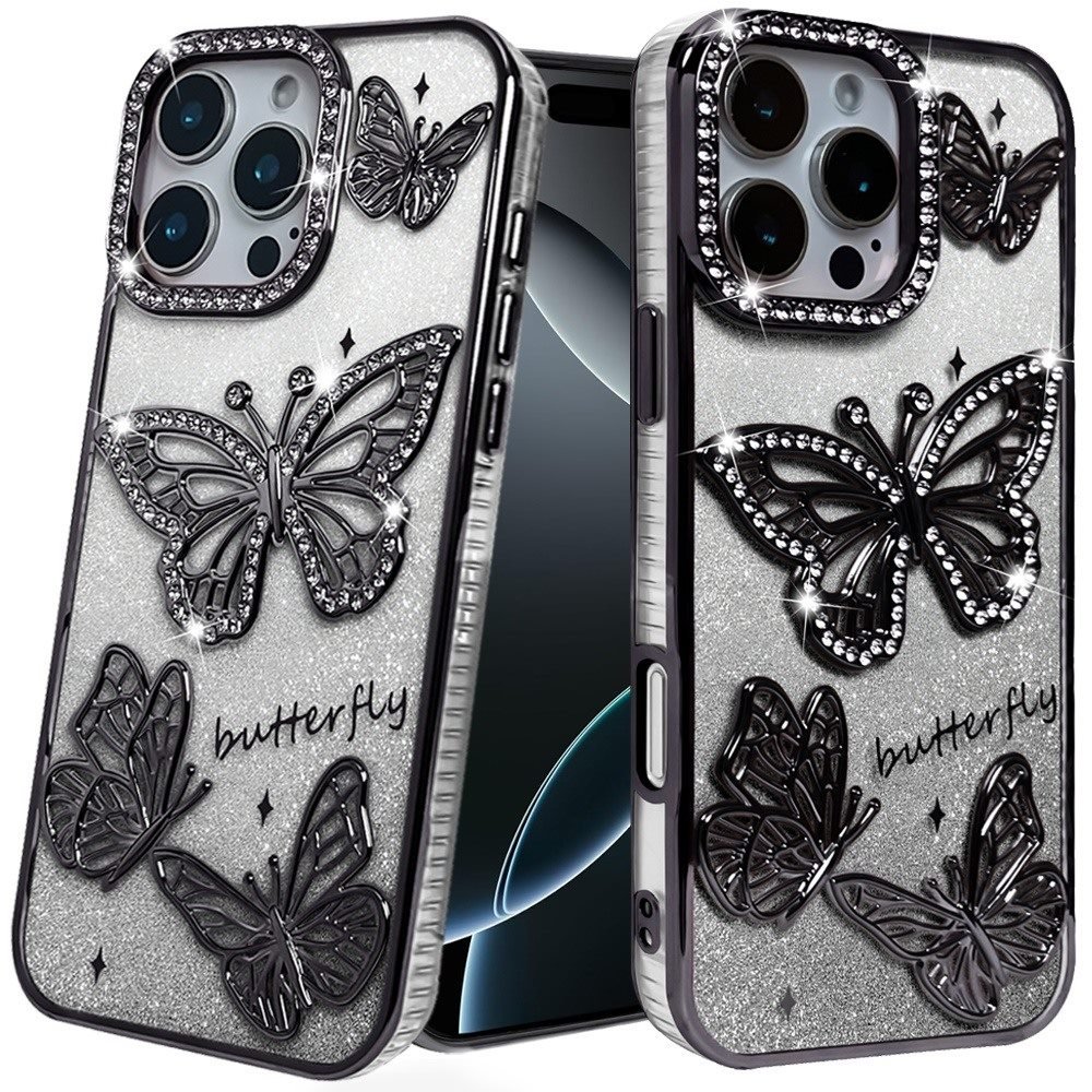 for iphone 16 pro 6.3 inch butterfly freedom shimmer glitter thick tpu case cover black
