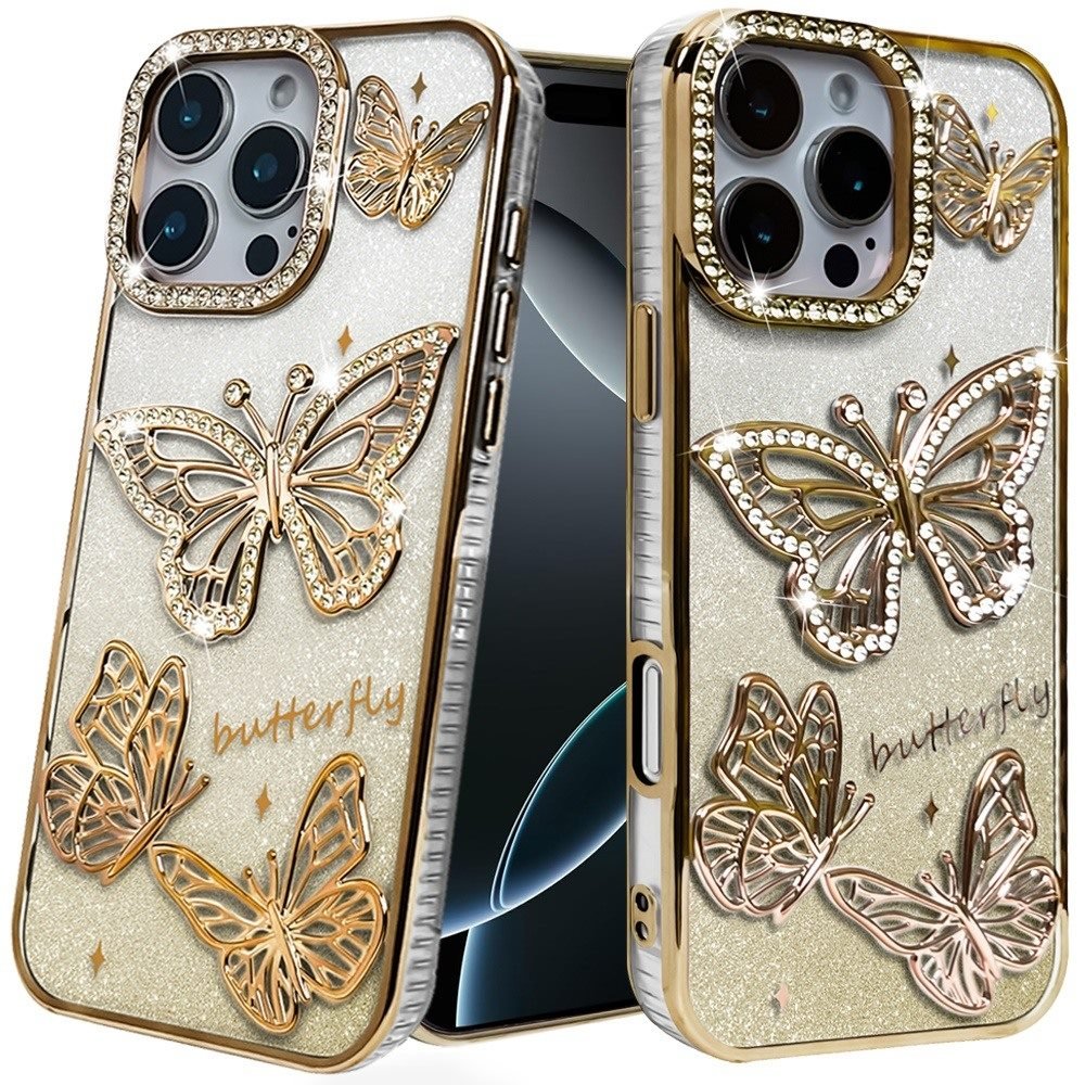 for iphone 16 pro 6.3 inch butterfly freedom shimmer glitter thick tpu case cover gold