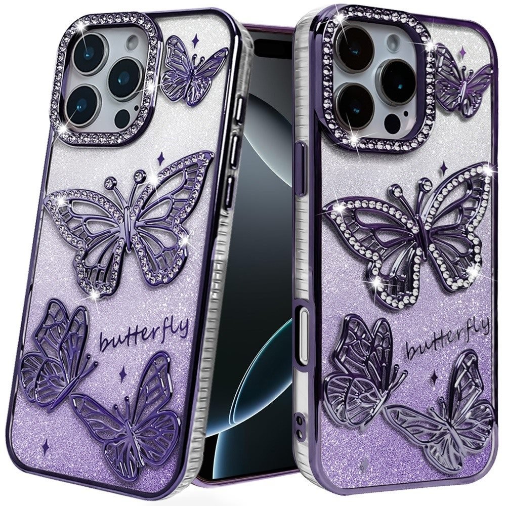 for iphone 16 pro 6.3 inch butterfly freedom shimmer glitter thick tpu case cover purple