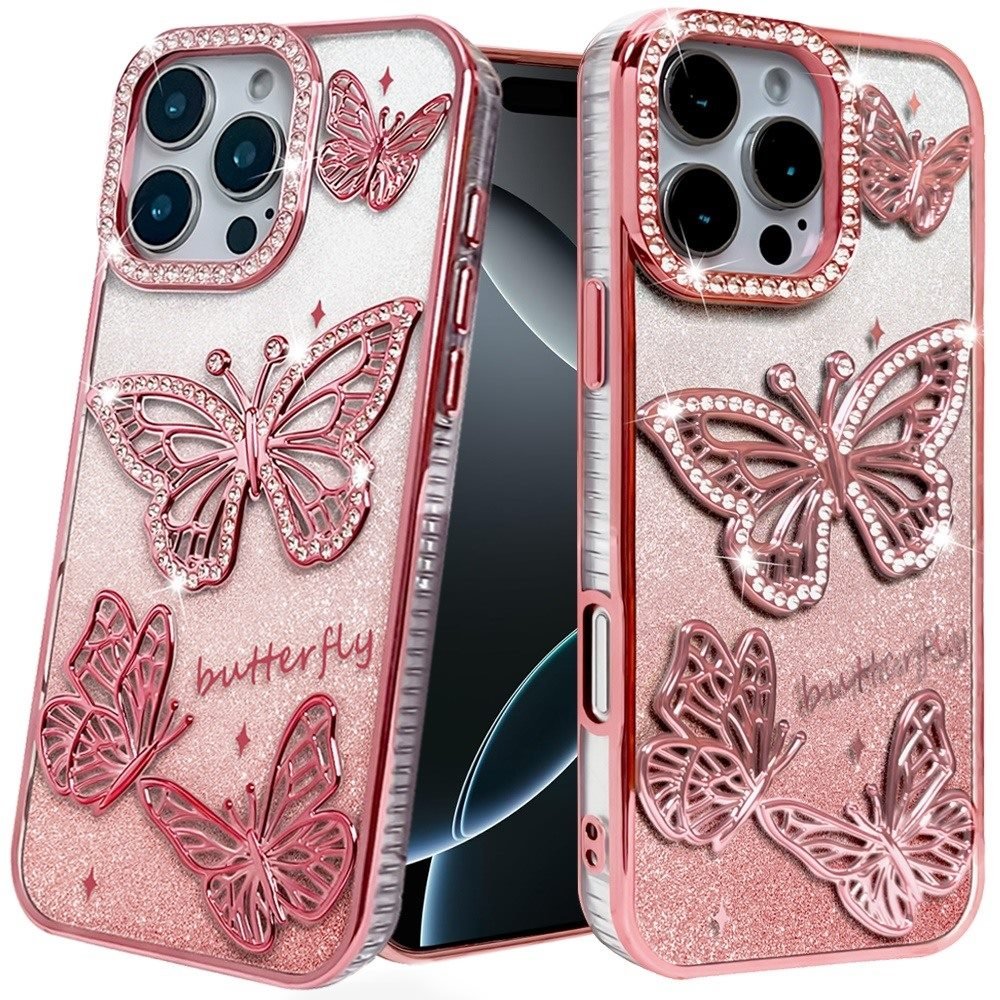 for iphone 16 pro 6.3 inch butterfly freedom shimmer glitter thick tpu case cover rose gold