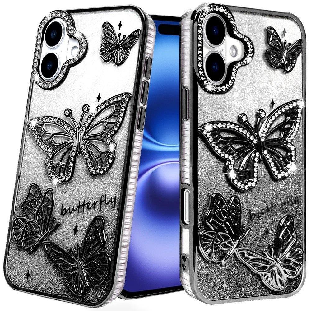 for iphone 17 butterfly freedom shimmer glitter thick tpu case cover black