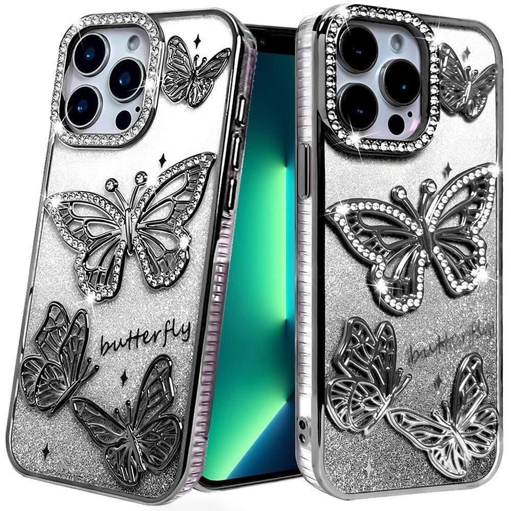 for iphone 13 pro butterfly freedom shimmer glitter thick tpu case cover black
