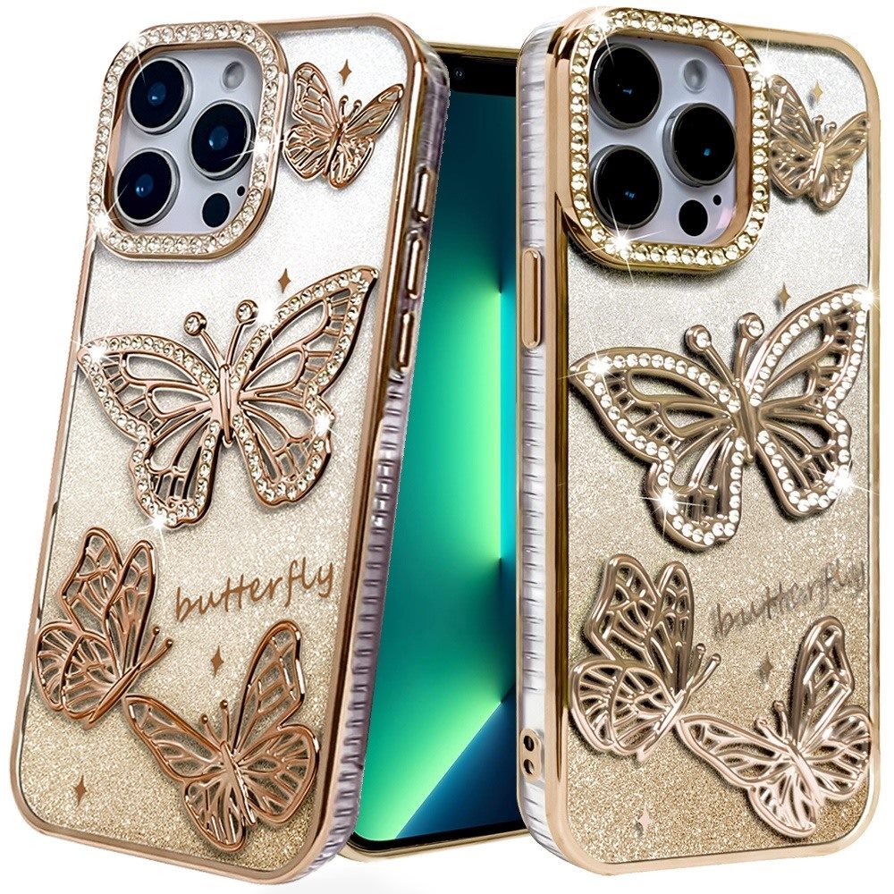 for iphone 13 pro butterfly freedom shimmer glitter thick tpu case cover gold