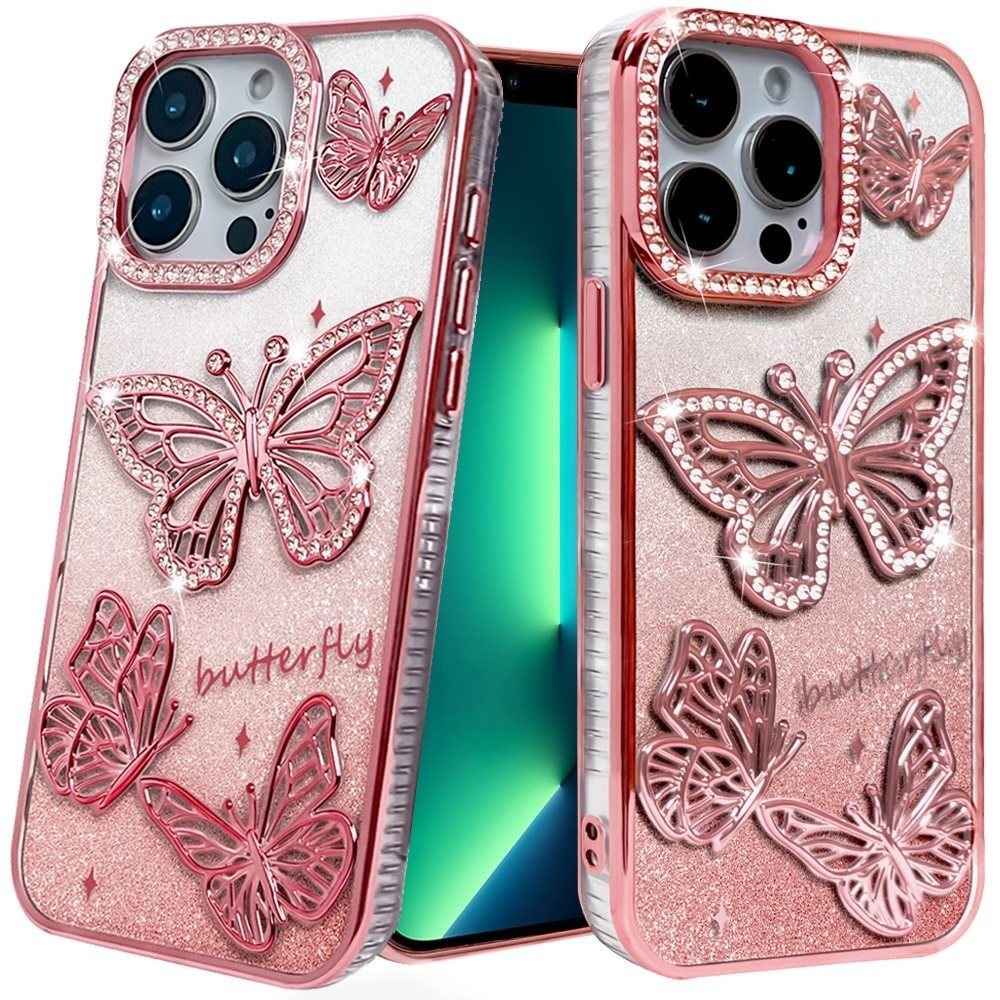 for iphone 13 pro butterfly freedom shimmer glitter thick tpu case cover rose gold