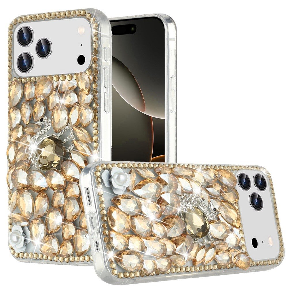 for iphone 17 pro max full diamond with ornaments case cover gold swan crown pearl