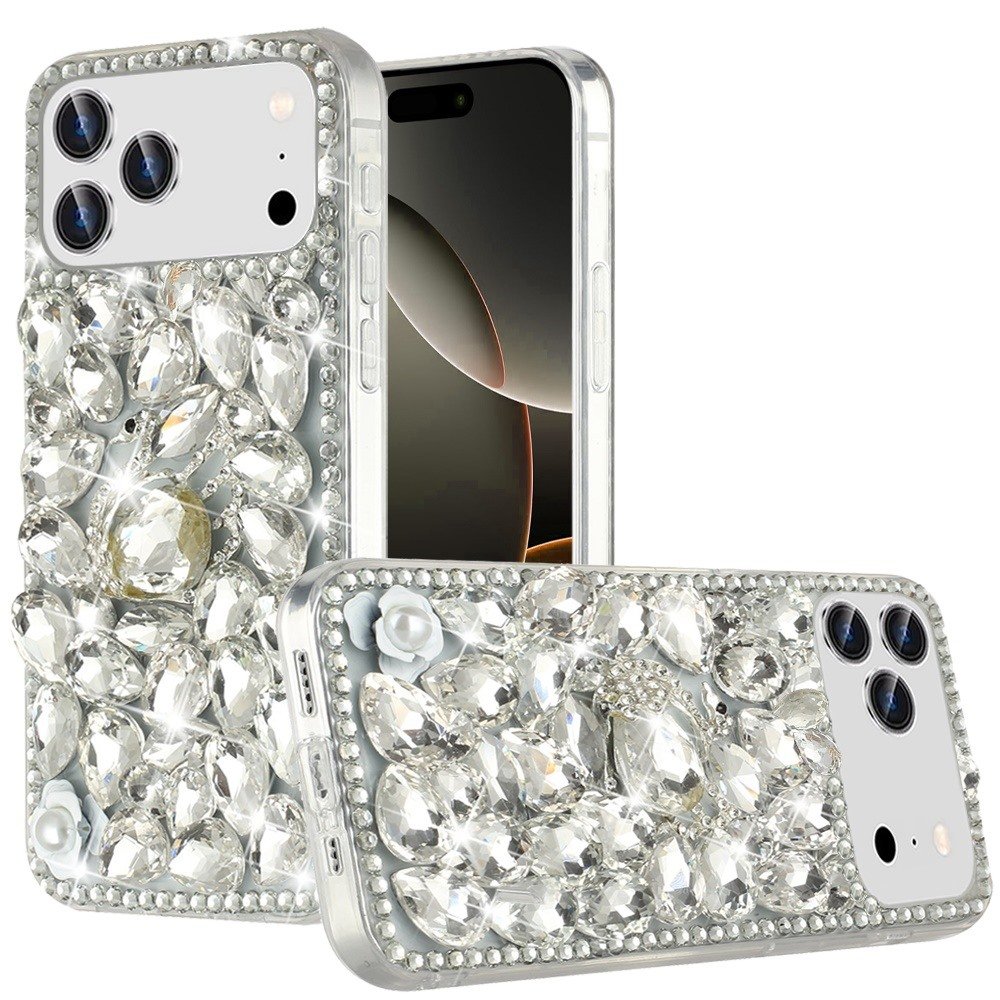 for iphone 17 pro max full diamond with ornaments case cover silver swan crown pearl