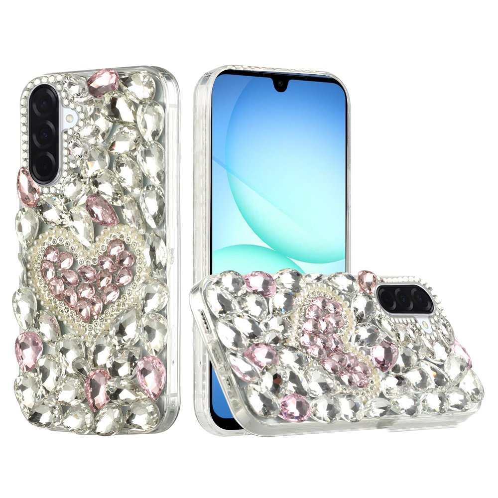 for samsung a17 5g full diamond with ornaments case cover hearty pink pearl heart