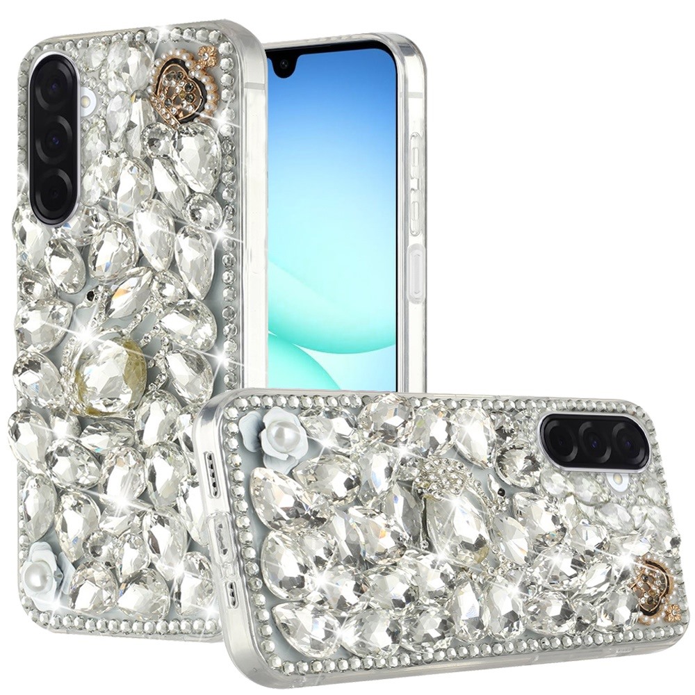 for samsung a17 5g full diamond with ornaments case cover silver swan crown pearl
